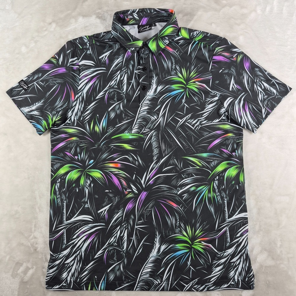 Sunday Swagger Polo Shirt Men's Medium Black Leaf Print Performance Golf Casual